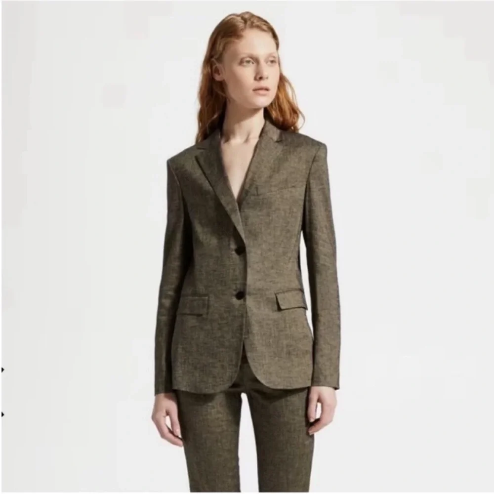 Theory Classic Tailored Blazer Designer Textured Suit Jacket Linen Brown Size 8 - Picture 4 of 12